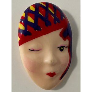 Theater Mask Brooch Vintage Woman Red Hat Taiwan #1